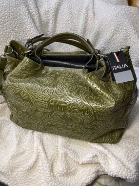 Large, green, embossed Italia Isadora handbag satchel